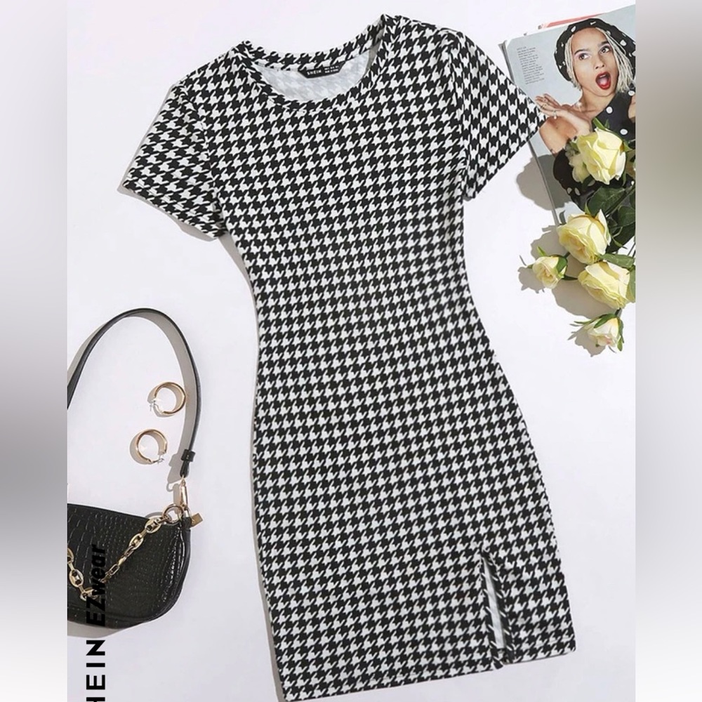 Black and white houndstooth split dress